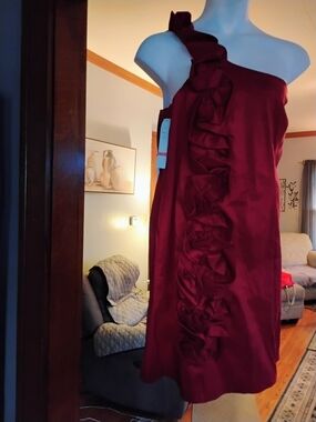 Snap One-Shoulder Ruffle Cocktail Dress in Burgundy